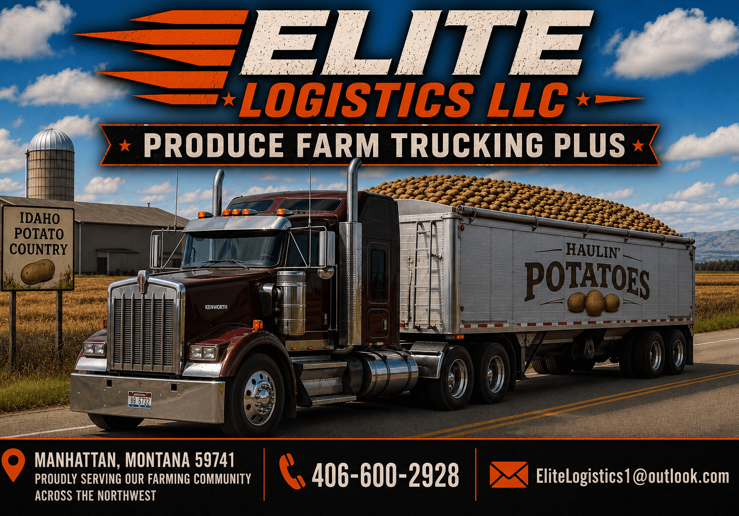 Semi trailer hauling potatoes with company logo