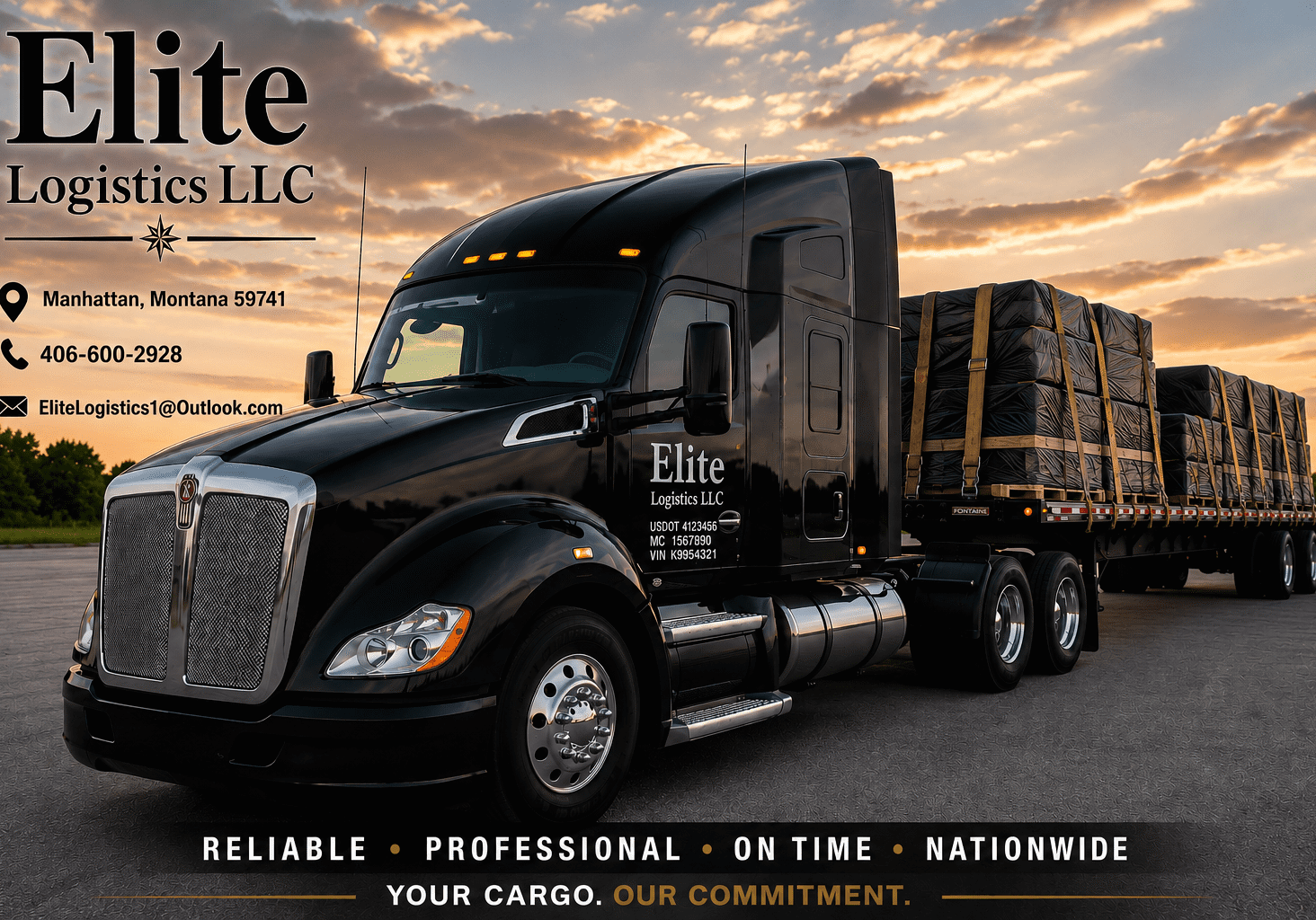 Black Elite Logistics semi truck at sunset