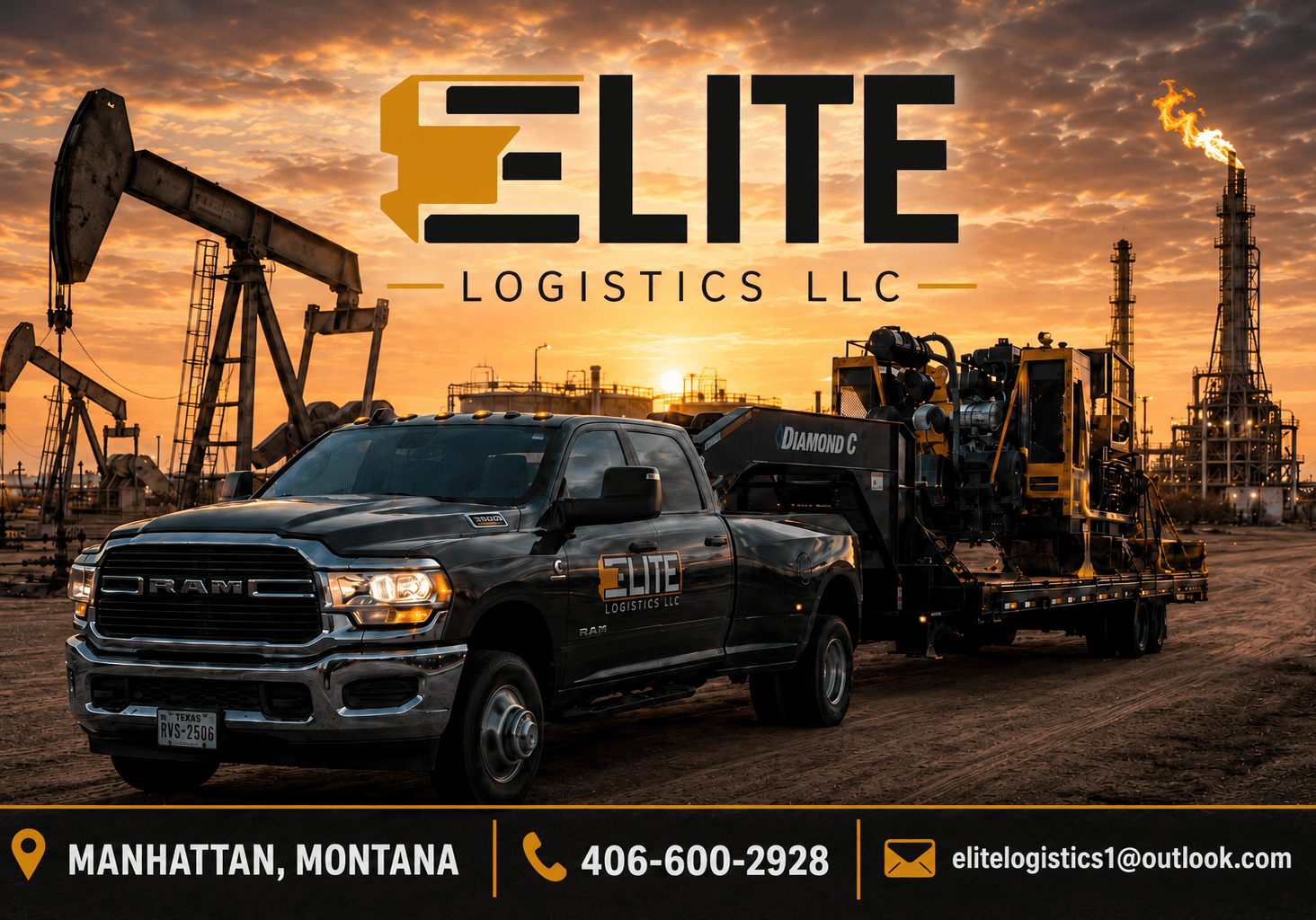 Elite Logistics truck hauling heavy equipment at oilfield